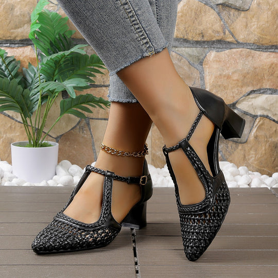 Damen elegante T-strap Sandaletten mit geflochtenem Design und komfortablem Blockabsatz R&B