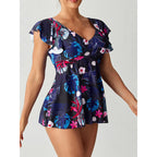 Damen Einteiler Badeanzug mit femininer Raffung und floralem Design R&B