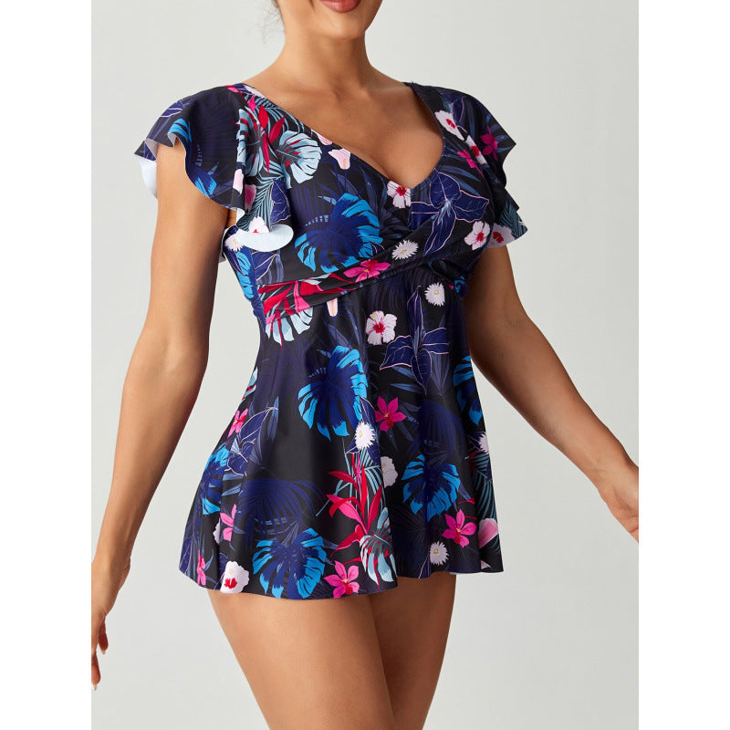 Damen Einteiler Badeanzug mit femininer Raffung und floralem Design R&B