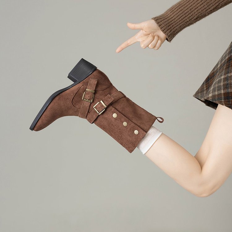 Damen Modische Stiefeletten mit verstellbaren Riemen und robustem Blockabsatz R&B