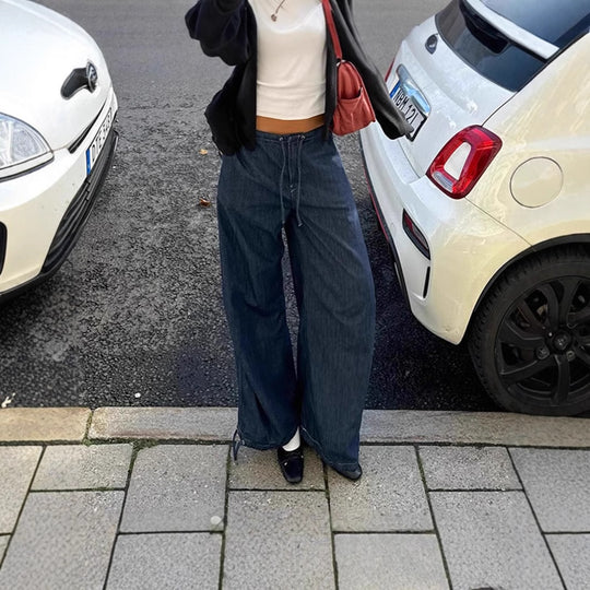 Damen Weite Jeans mit elastischem Taillenbund und verstellbarem Saum R&B
