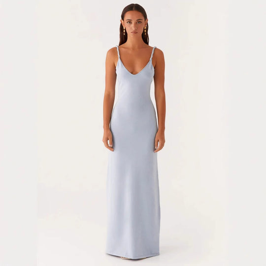 Damen Elegantes Maxirockkleid mit tiefem V-Ausschnitt und feinen Trägern R&B