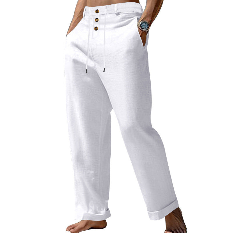 Herren lässige Leinenhose mit praktischen Knöpfen und elastischem Bund R&B