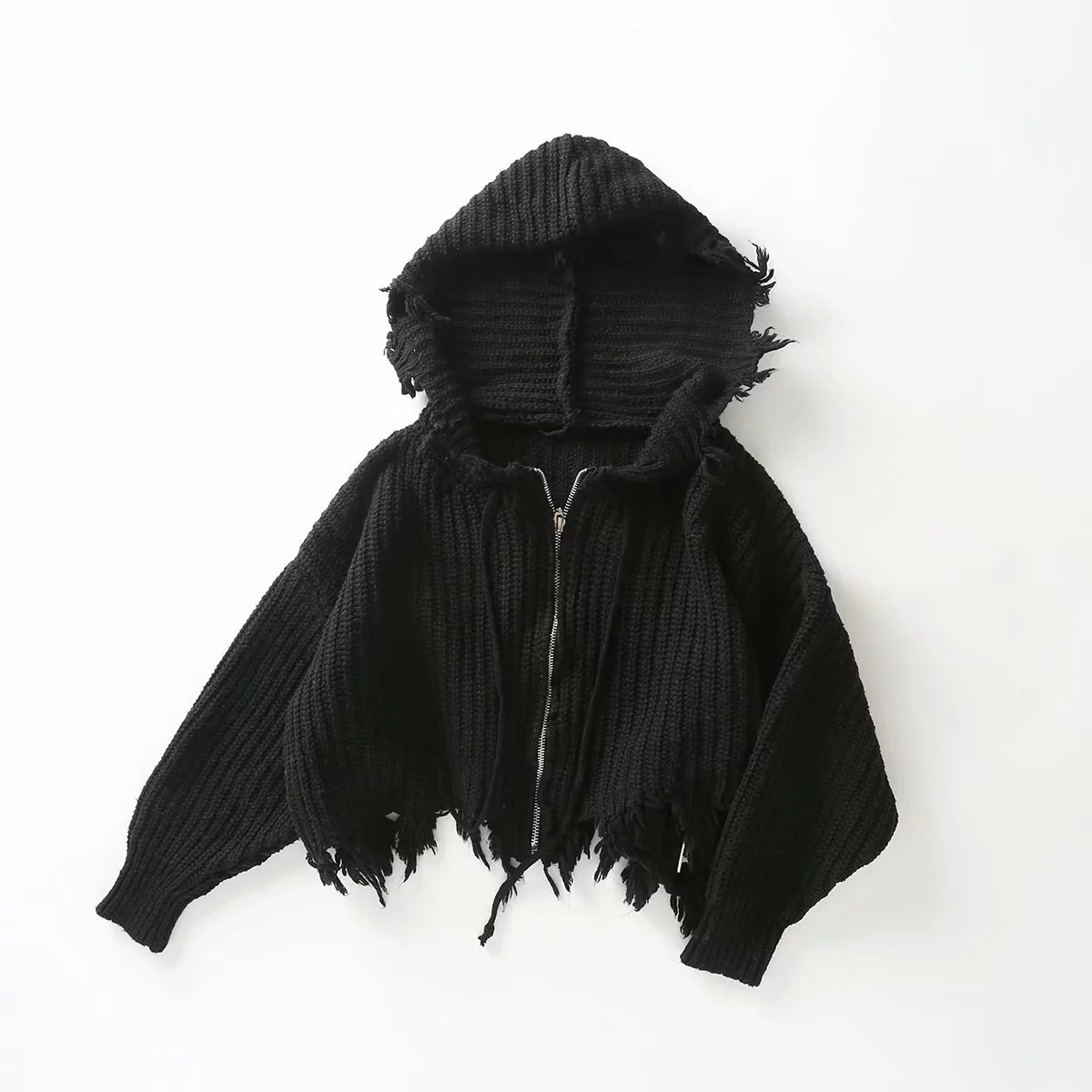 Damen lockerer Strickhoodie mit Übergroßer Kapuze und Fransen R&B