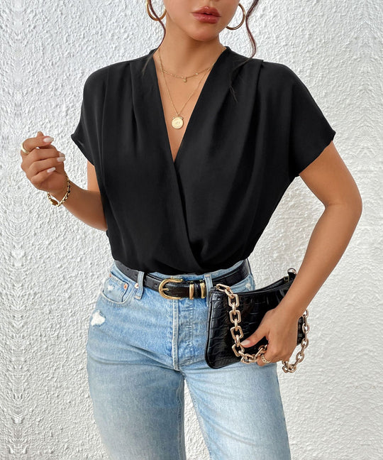 Damen Blusenshirt mit eleganter Wickeloptik und kurzen Ärmeln R&B