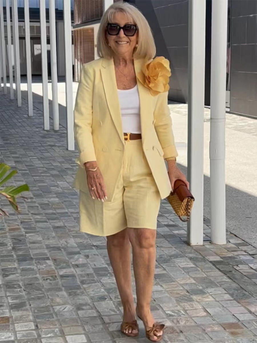Damen Modisches Blazer-Shorts-Set mit doppelter Knopfleiste und eleganter Passform R&B