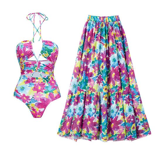 Damen Bikiniset mit voluminösen Rüschendetails und fließendem Maxi-Rock R&B