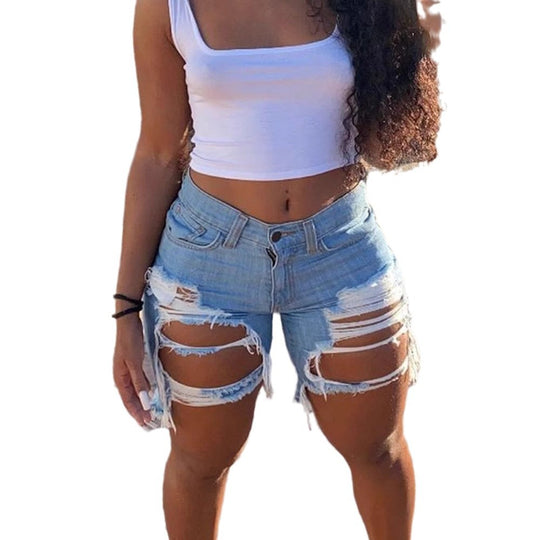 Damen Jeans-Shorts mit modischen Destroyed-Details und fransigen Säumen R&B