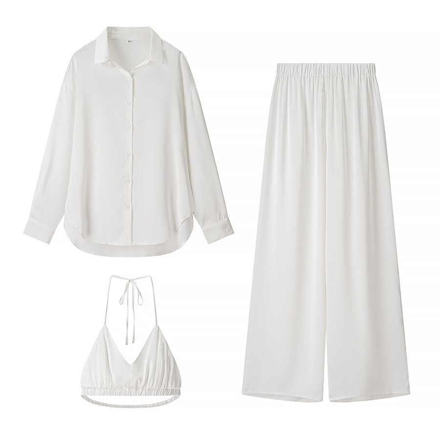 Damen Set aus eleganter Bluse, bequemen Palazzo-Hosen und modischem Bralette R&B