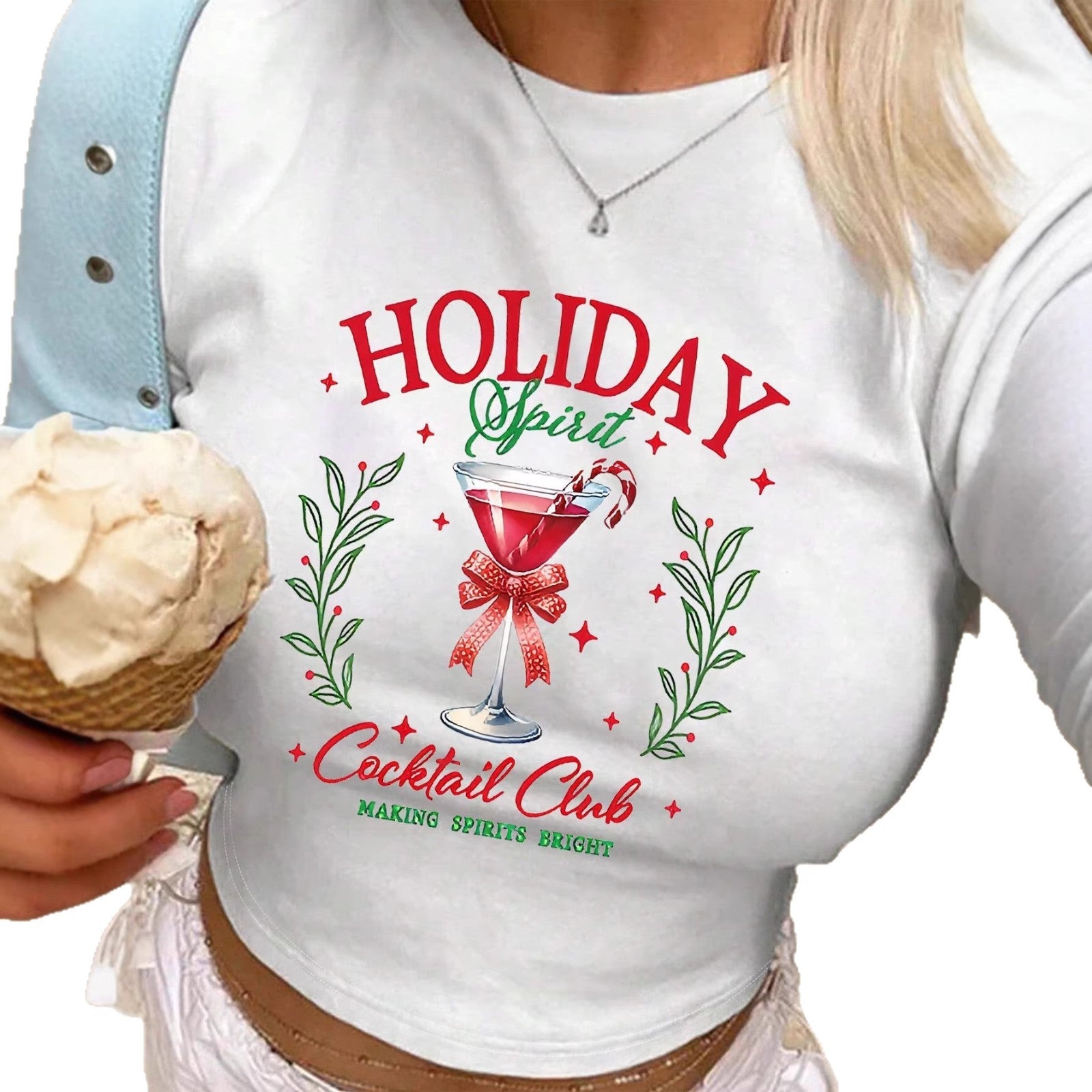 Damen Crop-Top mit kreativen Cocktail-Motiv und festlichem Aufdruck R&B