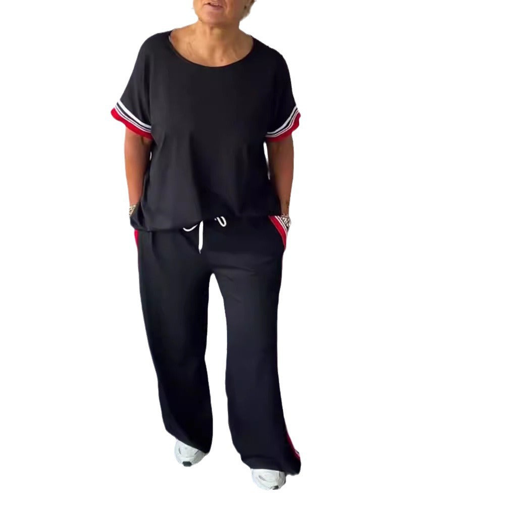 Damen nan sportlich-eleganter Zweiteiler mit kastigem Kurzarmshirt, Tunnelzug-Jogpant und seitlichem Kontraststreifen R&B