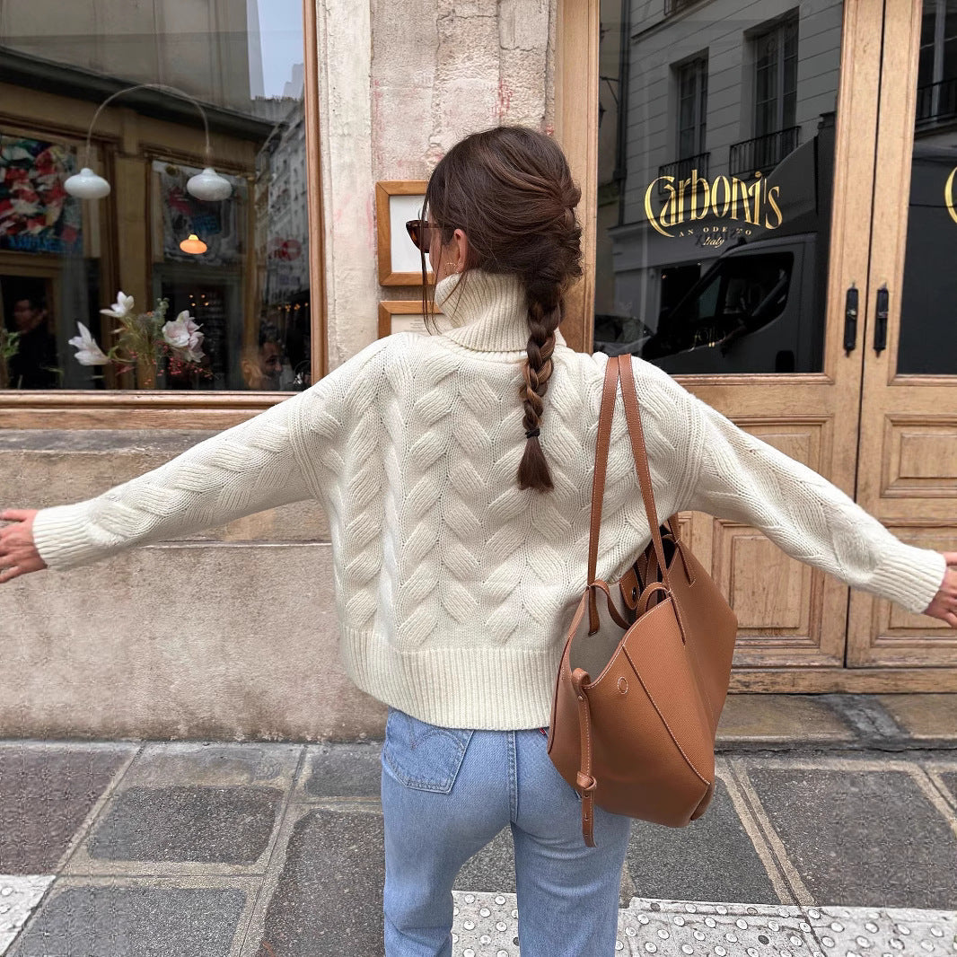 Damen gemütlicher Pullover mit hohem Kragen und Kabelstrick R&B
