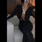 Damen Elegantes Maxikleid mit transparenten Ärmeln und Rüschendetails R&B