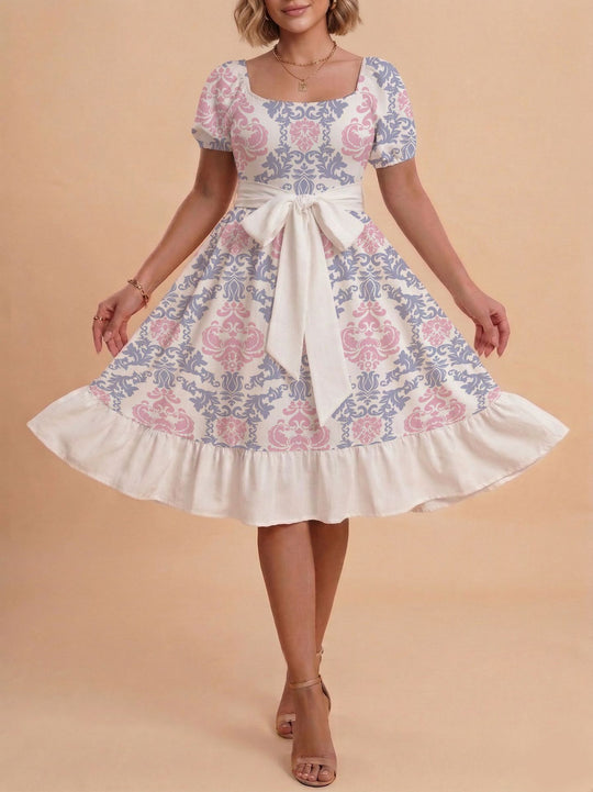 Damen Retro Maxikleid mit Puffärmeln und Taillengürtel R&B