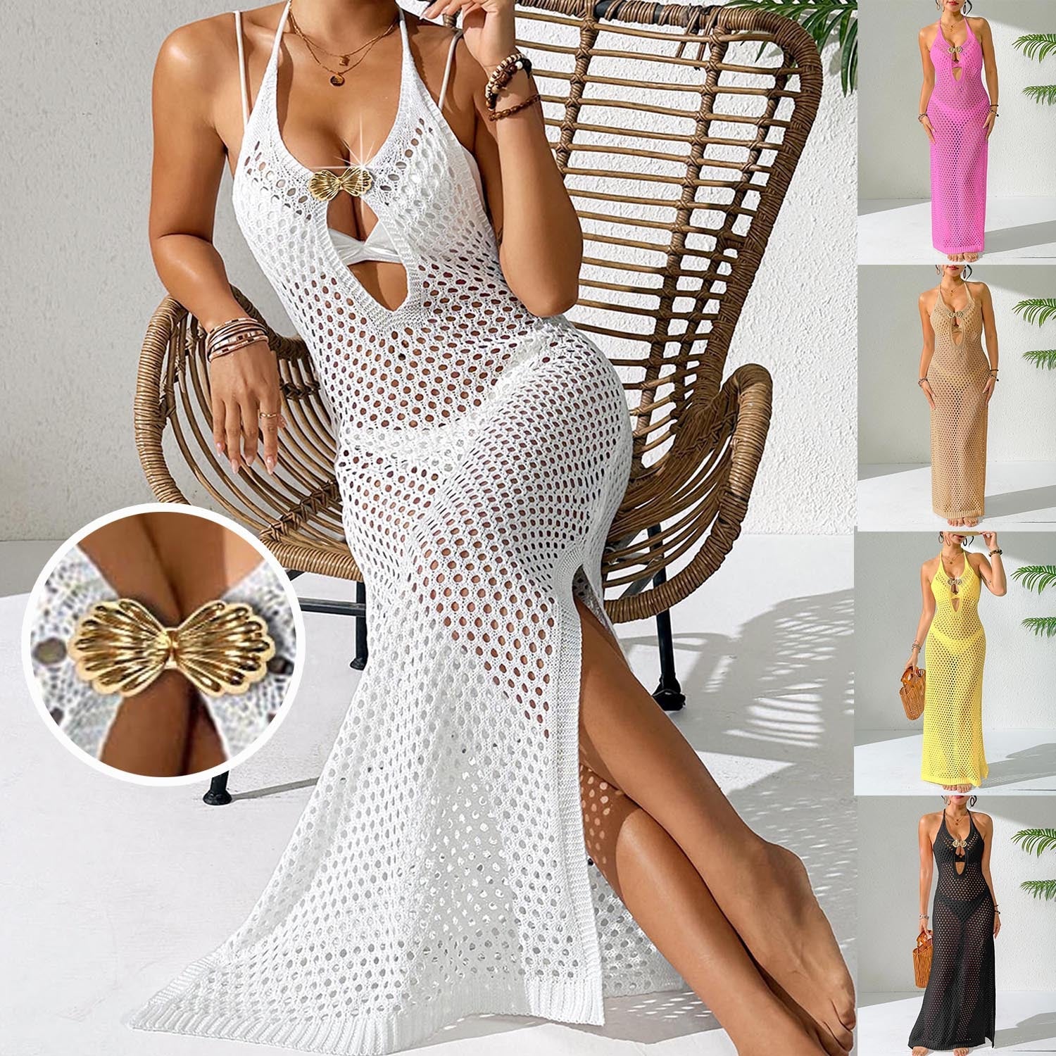 Damen eleganter Cropped-Strandüberwurf aus Netzmaterial R&B