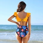 Damen Hochgeschnittener Bikini mit floralem Design und verspielten Rüschendetails R&B