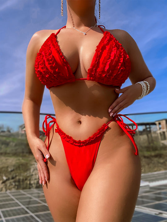 Damen Triangel-Bikini mit Rüschendesign und verstellbaren Bindebändern R&B