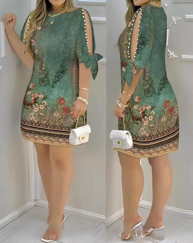 Damen Kleid mit floralen Mustern und offenen Schulterdetails R&B