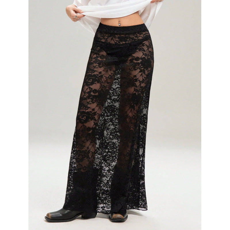 Damen Elegante Spitzenmaxi-Rock mit durchscheinendem Design und seitlichem Schlitz R&B