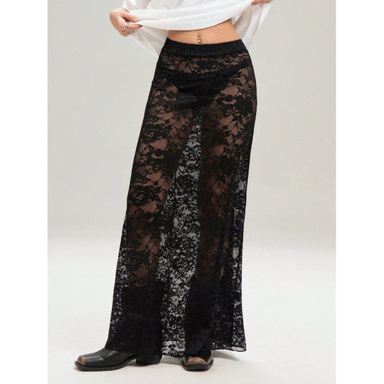 Damen Elegante Spitzenmaxi-Rock mit durchscheinendem Design und seitlichem Schlitz R&B