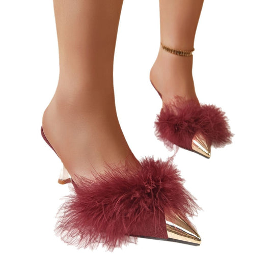 Damen Glamouröse Mules mit geflügeltem Lammfell und leuchtendem Absatz R&B