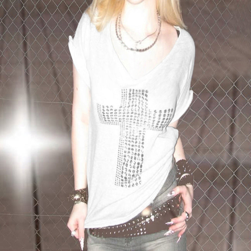Damen T-Shirt mit modischem V-Ausschnitt und funkelndem Strasskreuz R&B