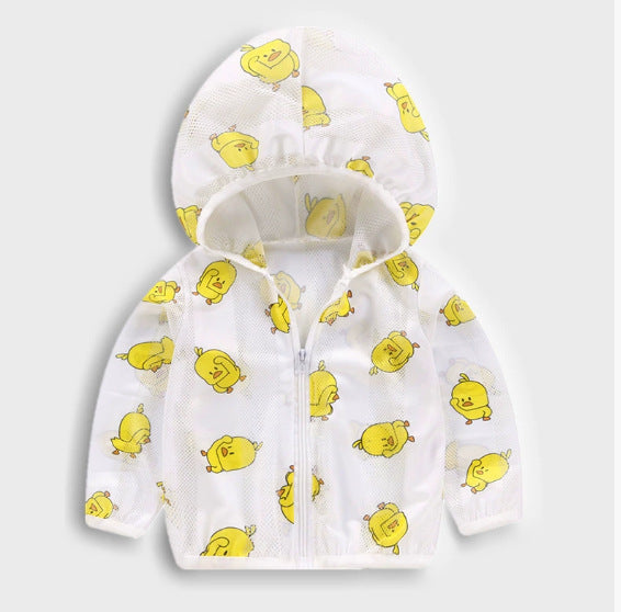 Unisex nan atmungsaktive Netz Kapuzen-Sonnenjacke für Säuglinge mit Reißverschluss und verspieltem Elefantenmotiv R&B