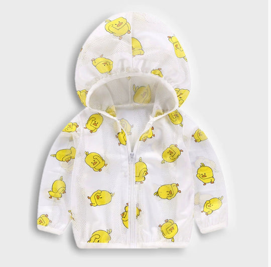 Unisex nan atmungsaktive Netz Kapuzen-Sonnenjacke für Säuglinge mit Reißverschluss und verspieltem Elefantenmotiv R&B