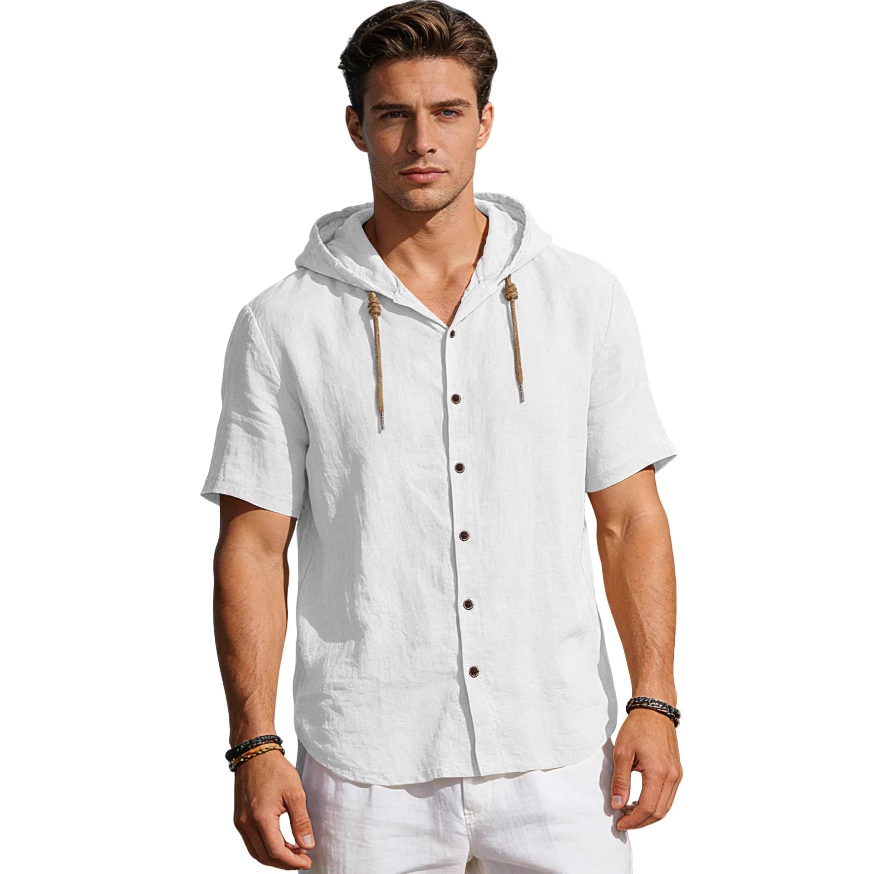 Herren nan tailliertes Kurzarm-Kapuzenshirt in Struktur-Leinenoptik mit Holzoptikknöpfen und Kordel R&B
