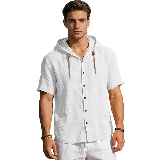 Herren nan tailliertes Kurzarm-Kapuzenshirt in Struktur-Leinenoptik mit Holzoptikknöpfen und Kordel R&B
