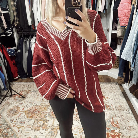 Damen Großer Strickpullover im lässigen Oversized-Stil mit V-Ausschnitt und Streifenmuster R&B