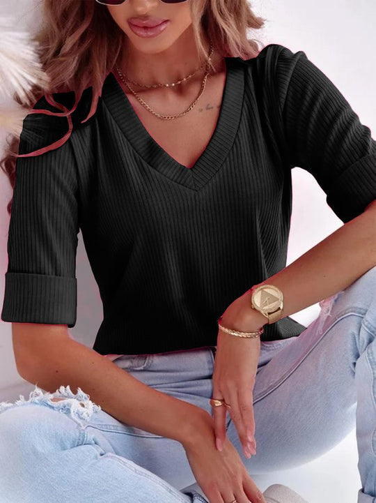 Damen V-Ausschnitt Kurzarmshirt aus geripptem Stoff R&B