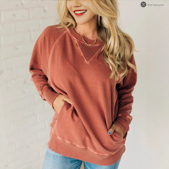 Damen lässiger V-Ausschnitt Sweatshirt mit Raglanärmeln und seitlichen Taschen R&B