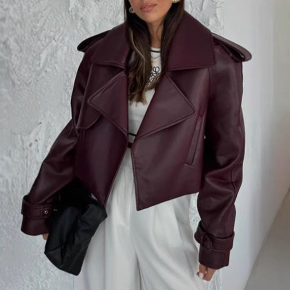 Damen Kunstlederjacke im modischen Biker-Stil mit breitem Revers R&B