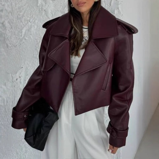 Damen Kunstlederjacke im modischen Biker-Stil mit breitem Revers R&B