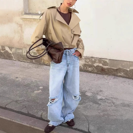 Damen Trendige Cropped Trenchjacke mit innovativen Ärmeln R&B