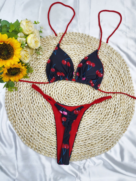 Damen Triangel-Bikini-Set mit fröhlichem Kirschmuster und verstellbaren Trägern R&B