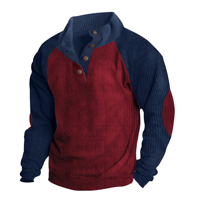 Herren nan thermischer Cordpullover mit Knopfleiste Stehkragen Raglanärmeln und Ellenbogenaufnähern R&B
