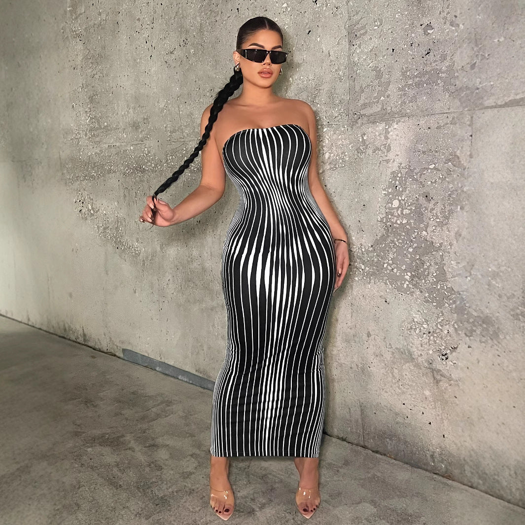 Damen Maxikleid mit raffiniertem Streifenmuster R&B