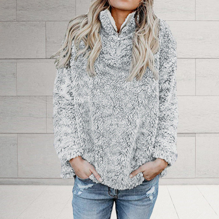 Damen Flauschige Fleece-Pulloverjacke mit hohem Kragen und Reißverschluss R&B