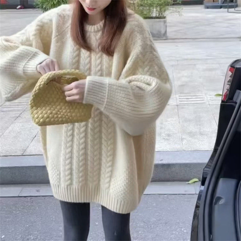 Damen Grobstrickpullover mit modischem Zopfmuster und überschnittenen Schultern R&B