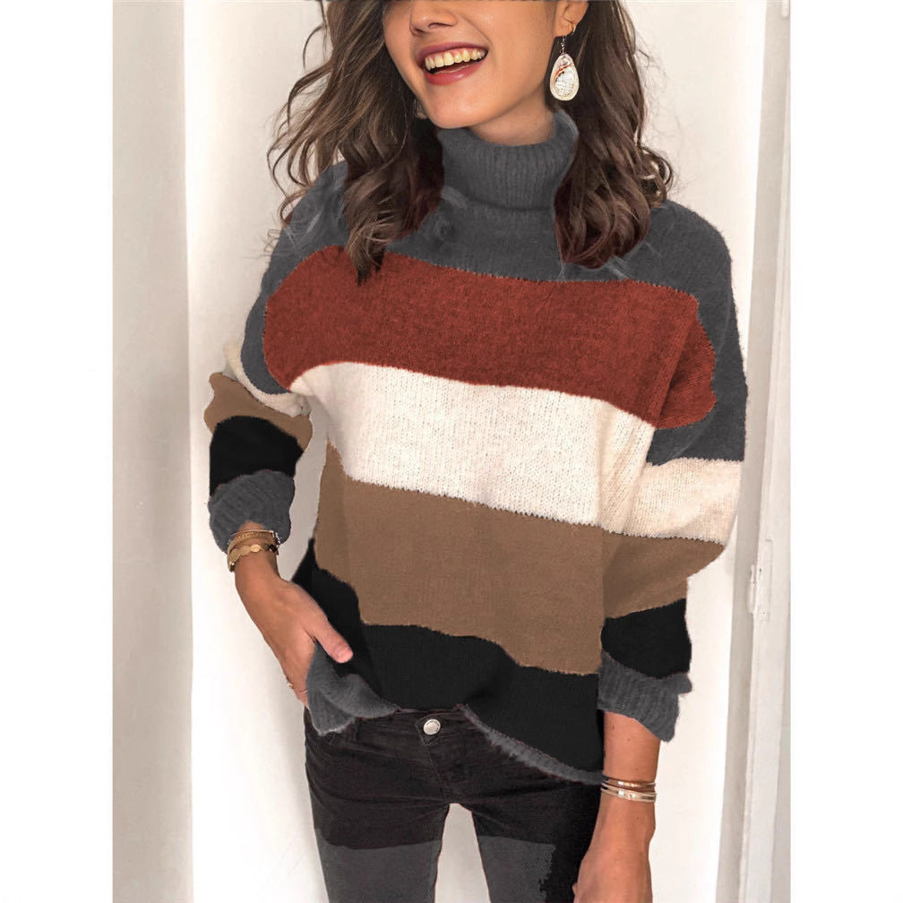 Damen modischer Strickpullover mit lässigem Rollkragen und farbiger Blockgestaltung R&B