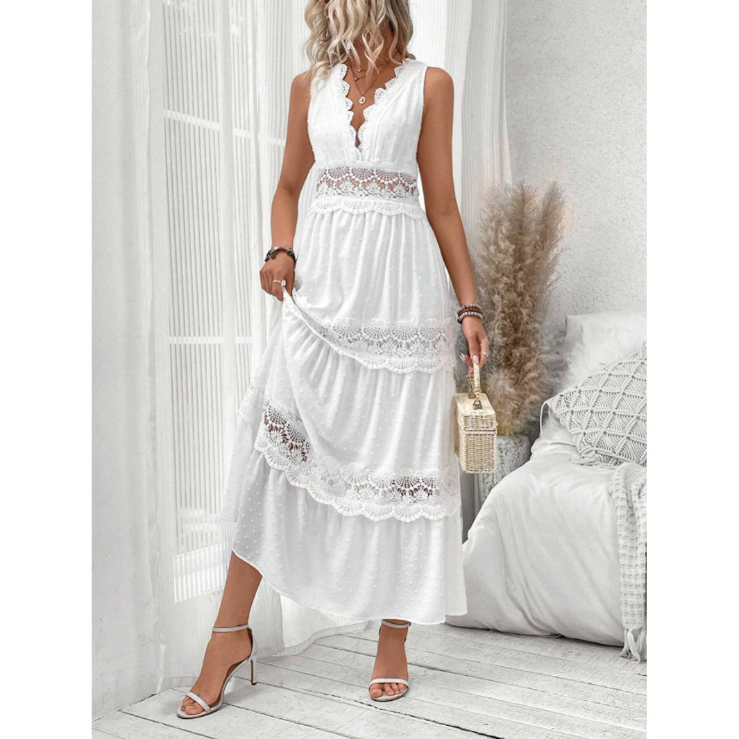 Damen romantisches Maxikleid mit Spitzenapplikationen und punktiertem Design R&B