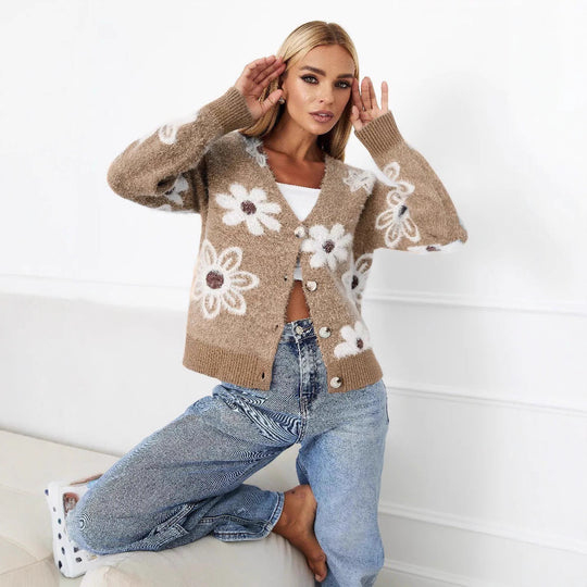 Damen Strickjacke mit floralem Muster und komfortabler Passform R&B