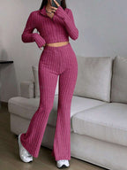 Damen Modisches Strick-Set mit cropped Oberteil und weitem Hosen