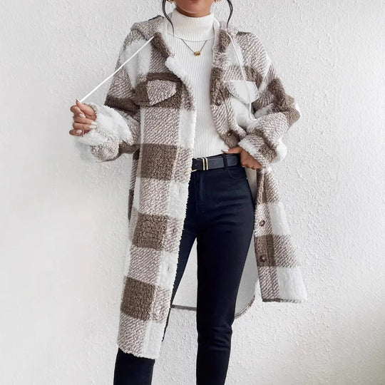Damen Plüschige Karojacke im Oversized-Stil mit Knopfleiste R&B