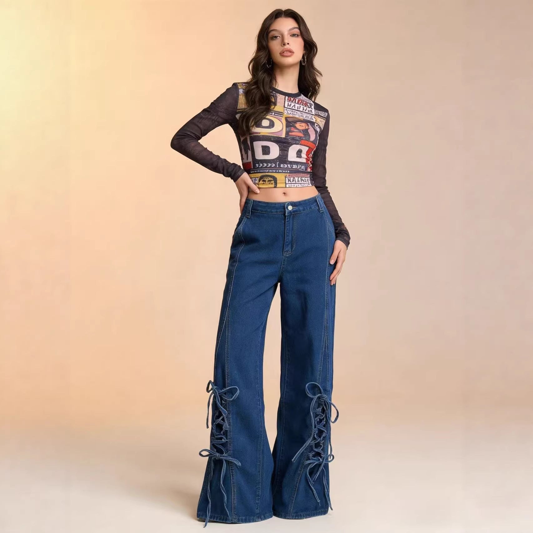 Damen Weite Jeans mit Schnürdetails