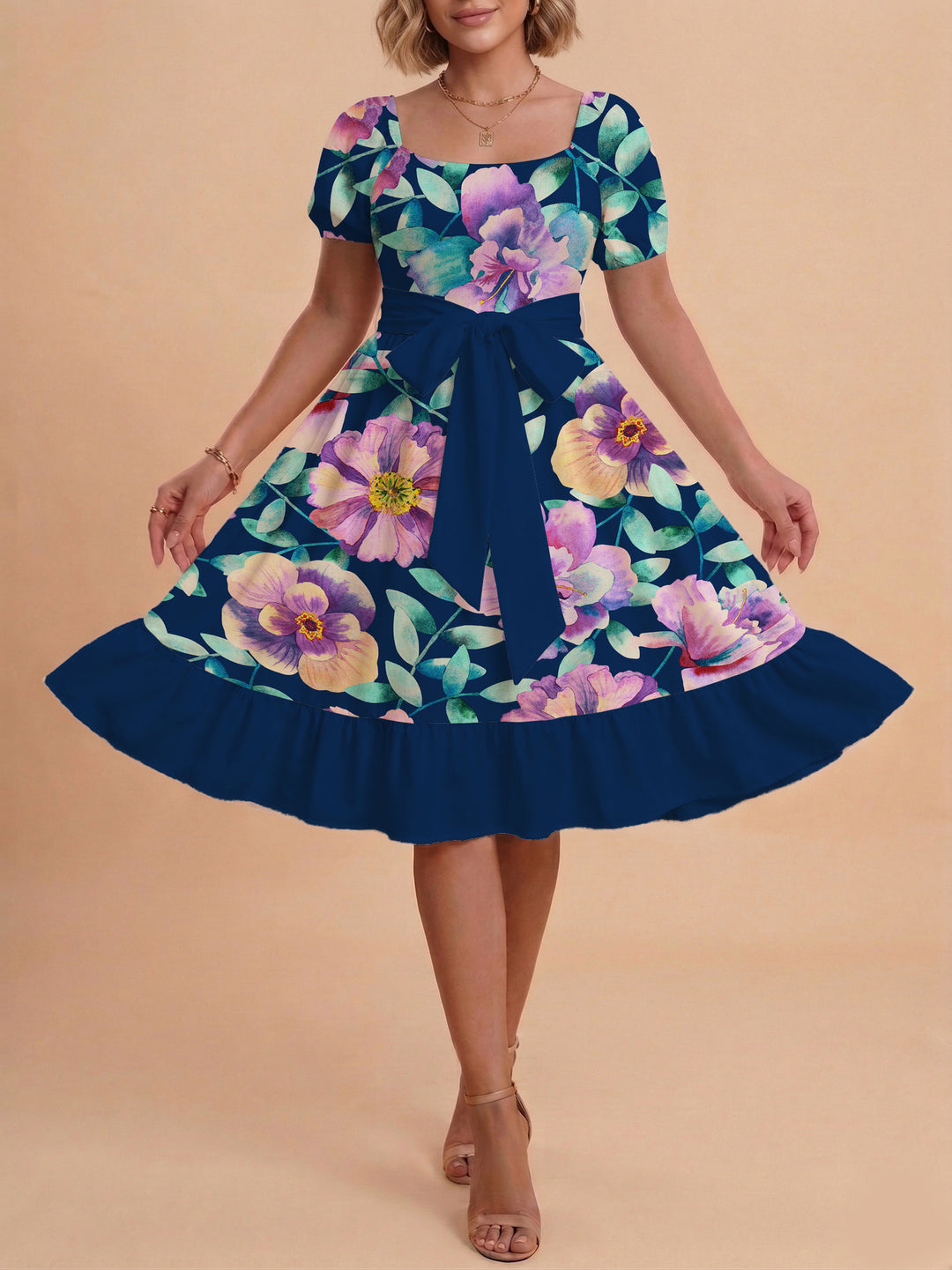 Damen Blumenkleid mit taillierbarem Gürtel und voluminösen Ärmeln R&B