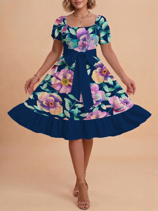 Damen Blumenkleid mit taillierbarem Gürtel und voluminösen Ärmeln R&B