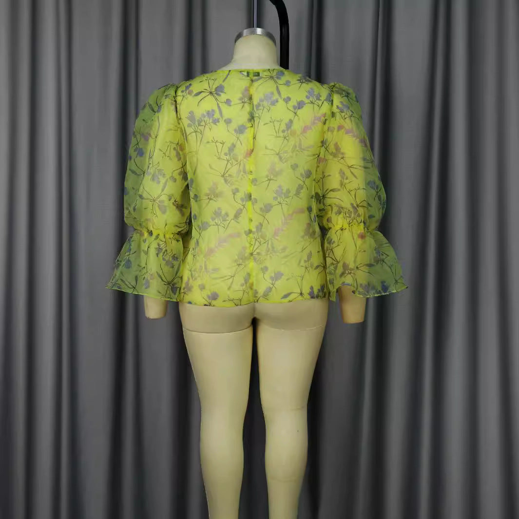 Damen blumige Chiffonbluse mit voluminösen Ärmeln R&B
